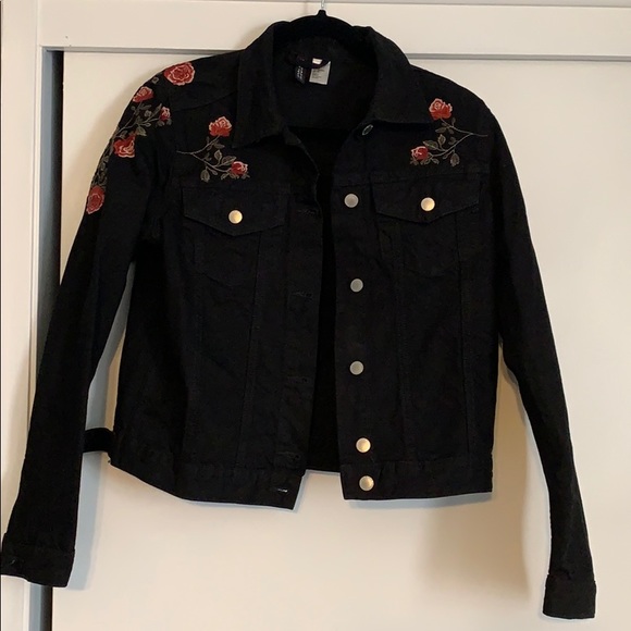 embroidered black denim jacket